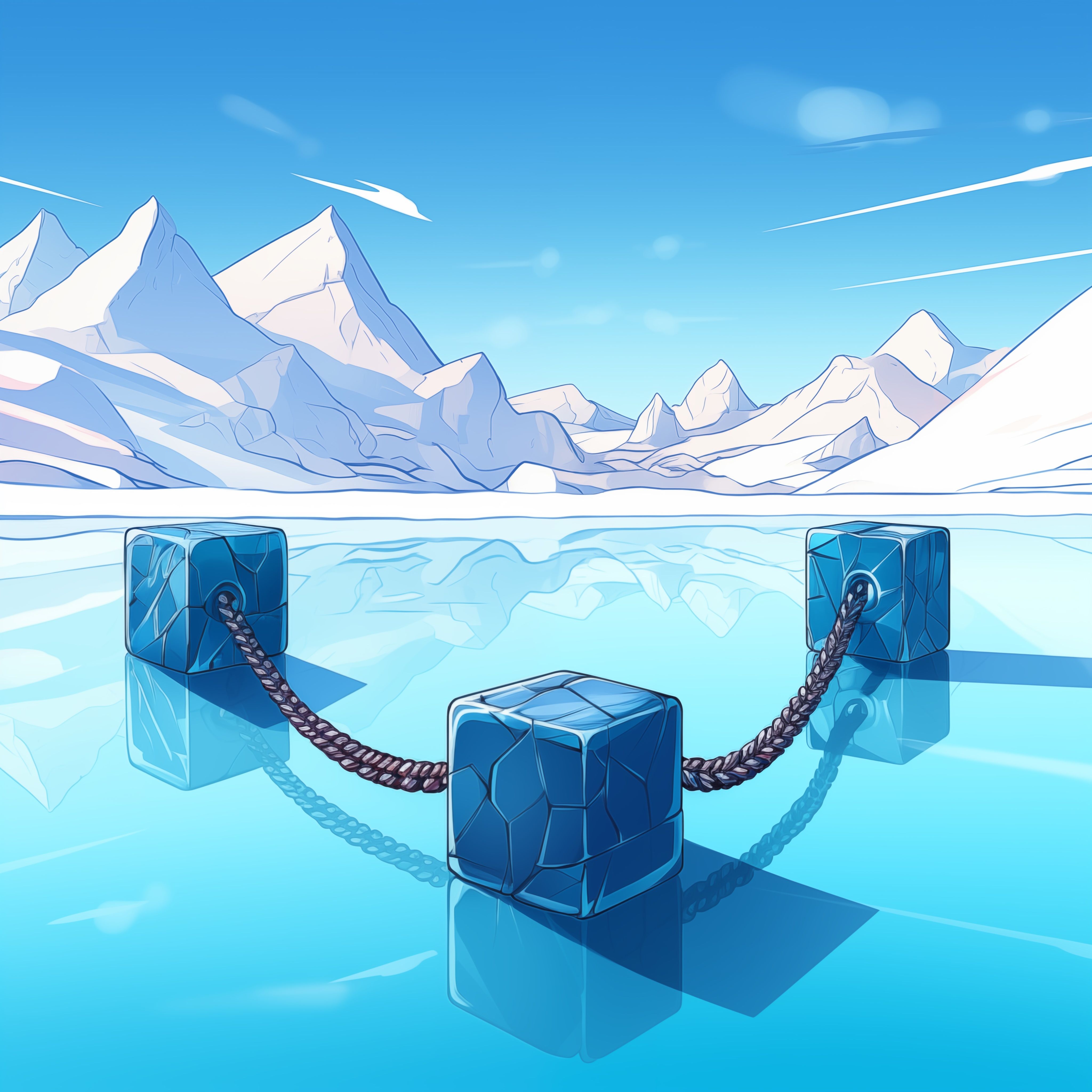 Chained ice blocks in a winter landscape